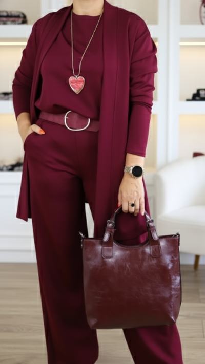 סט אלגנטי בת 3 חלקים: קרדיגן ארוך, טופ ומכנסיים