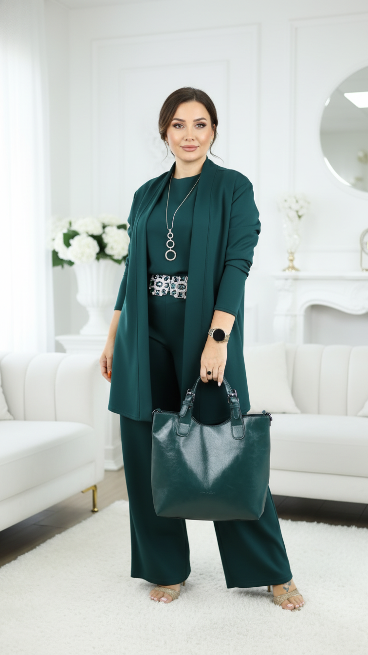 סט אלגנטי בת 3 חלקים: קרדיגן ארוך, טופ ומכנסיים