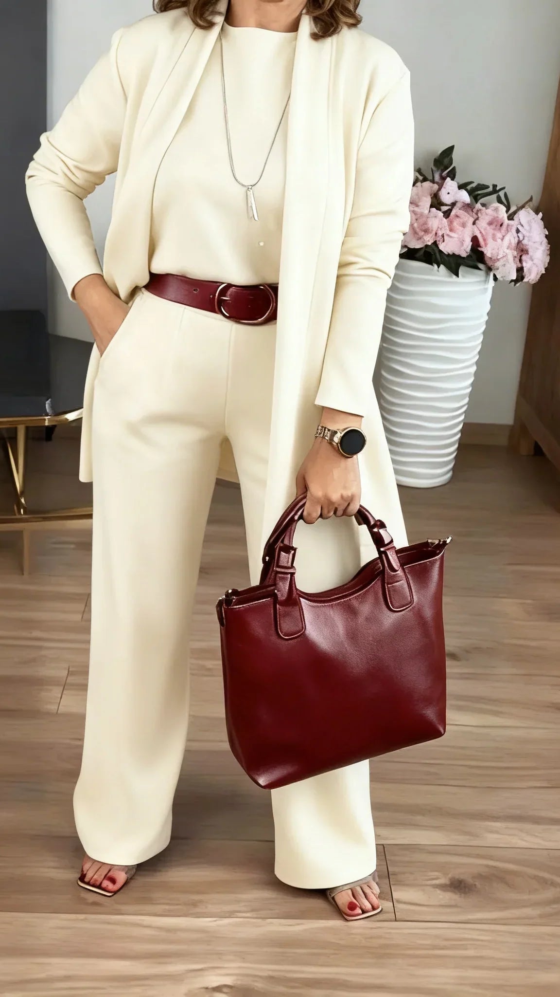 סט אלגנטי בת 3 חלקים: קרדיגן ארוך, טופ ומכנסיים