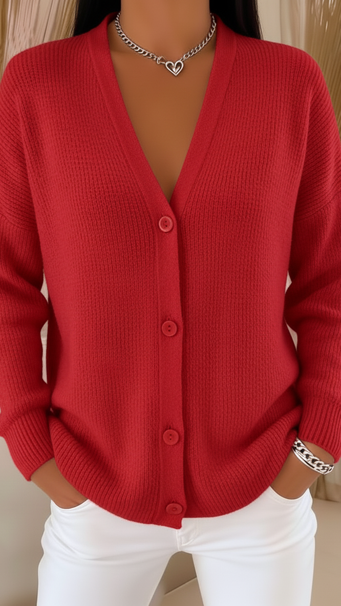 קרדיגן קז'ואל לנשים בצבע אחיד עם צווארון V