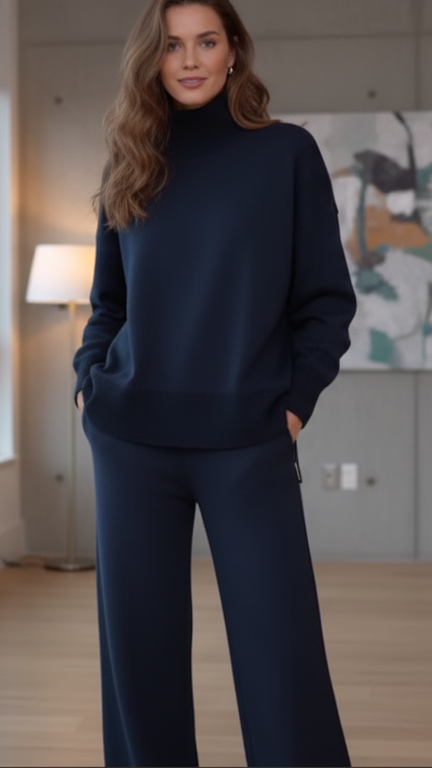 סט קז'ואל לנשים עם צווארון גבוה ורוכסן צדדי