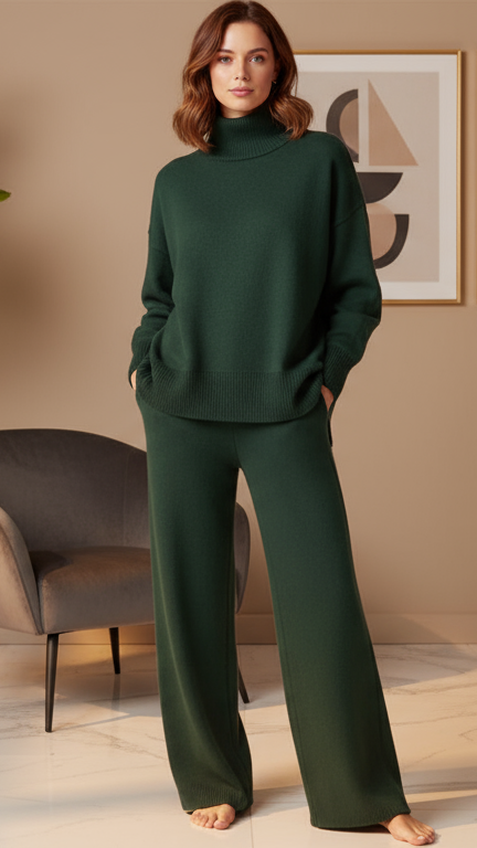 סט קז'ואל לנשים עם צווארון גבוה ורוכסן צדדי