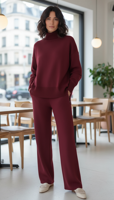 סט קז'ואל לנשים עם צווארון גבוה ורוכסן צדדי