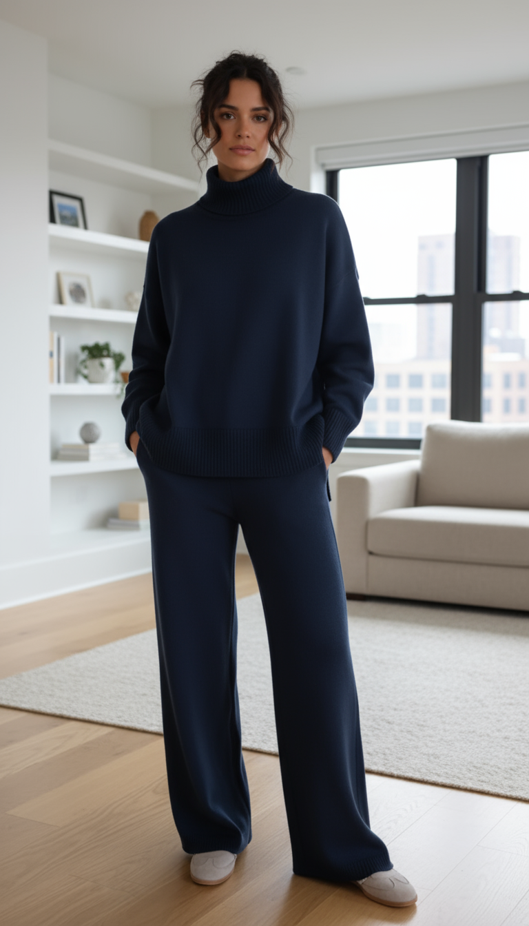 סט קז'ואל לנשים עם צווארון גבוה ורוכסן צדדי