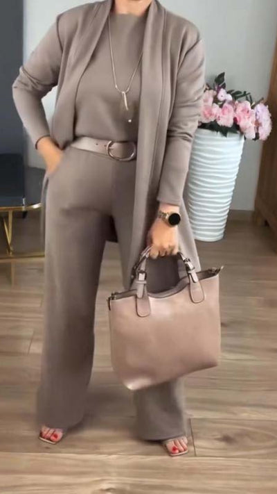 סט אלגנטי בת 3 חלקים: קרדיגן ארוך, טופ ומכנסיים