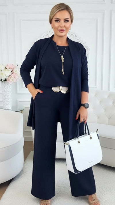 סט אלגנטי בת 3 חלקים: קרדיגן ארוך, טופ ומכנסיים