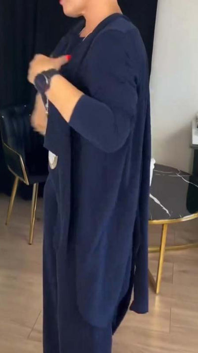 סט אלגנטי בת 3 חלקים: קרדיגן ארוך, טופ ומכנסיים